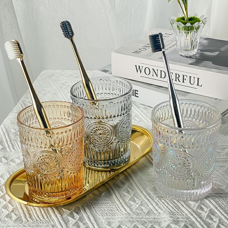 Zahnbürstenbecher | Vintage Sonnenblumen Relief Glas Zahnbürstenbecher Hochwertiges Set Für Das Badezimmer Mundspülbecher Aufbewahrung Zahnbürstenbecher Zahnbürstenbecher